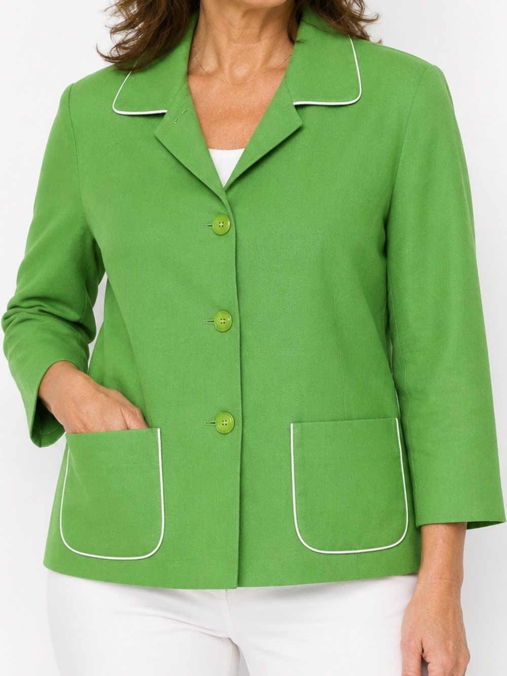 Pendleton Green Silk Cotton Blazer White Piping Women’s Size 10
